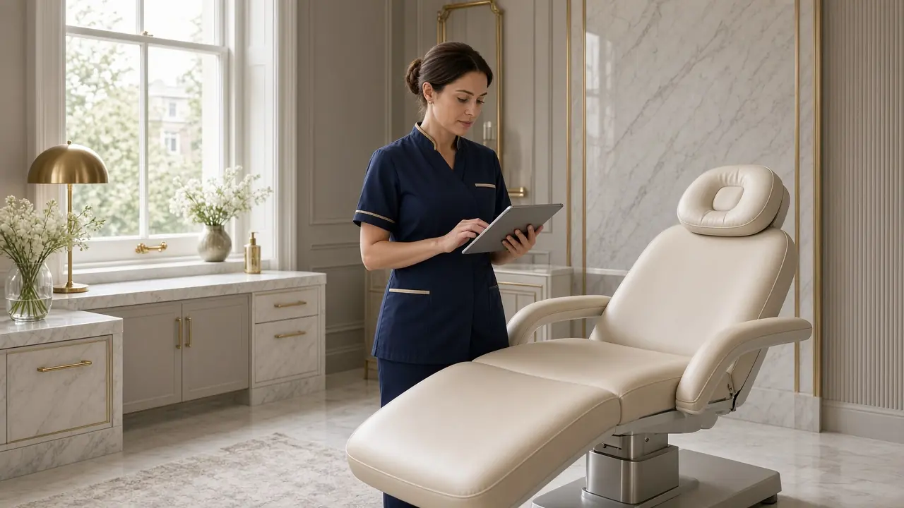 Practitioner reviewing a tablet in a serene treatment room