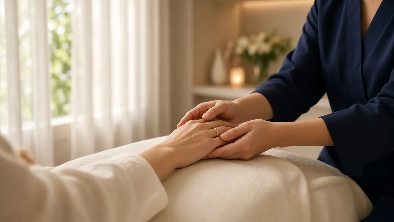 A practitioner holding a patient's hand during a calm consultation