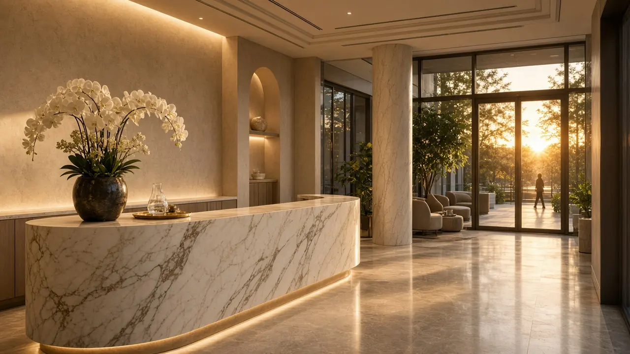 Warm evening light in a luxury clinic reception