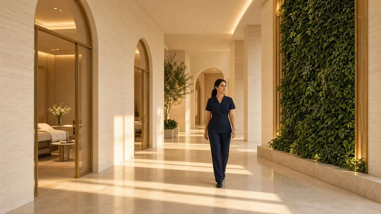 Sunlit corridor of a luxury aesthetic clinic