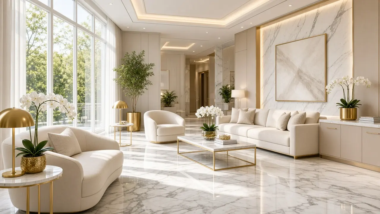 Elegant empty waiting lounge in a luxury aesthetic clinic