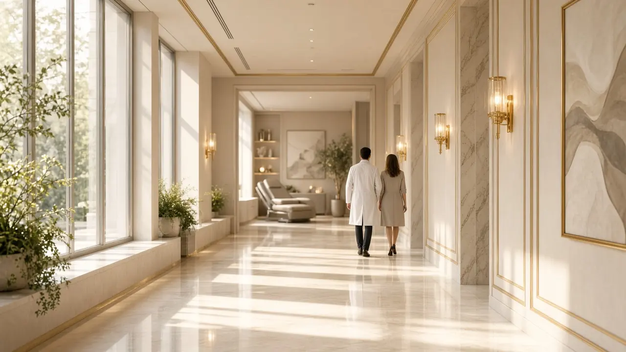 Sunlit corridor of a luxury aesthetic clinic
