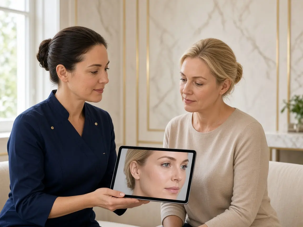 Practitioner and patient reviewing clinical portraits in a calm consultation