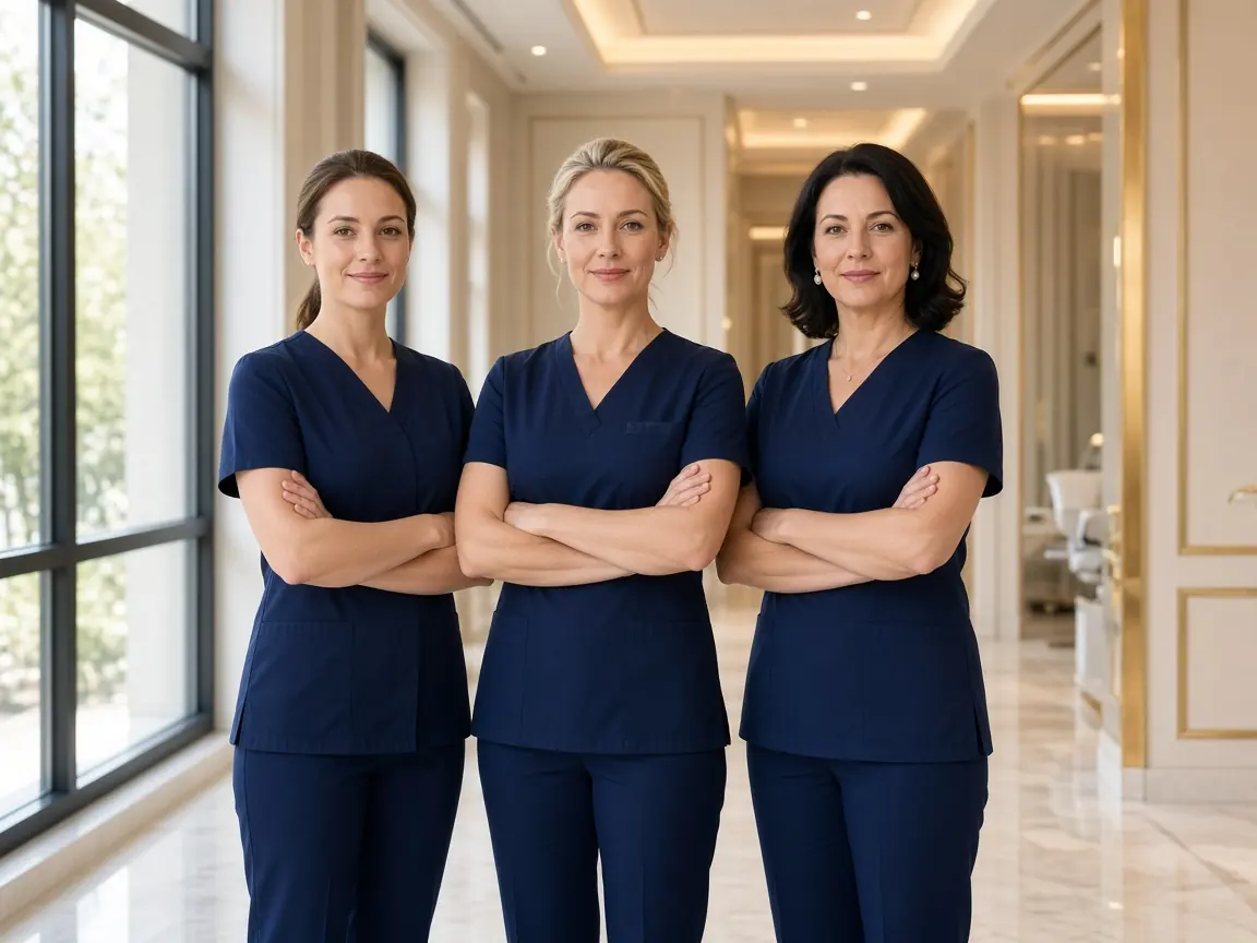 Clinic team standing together in a bright treatment corridor